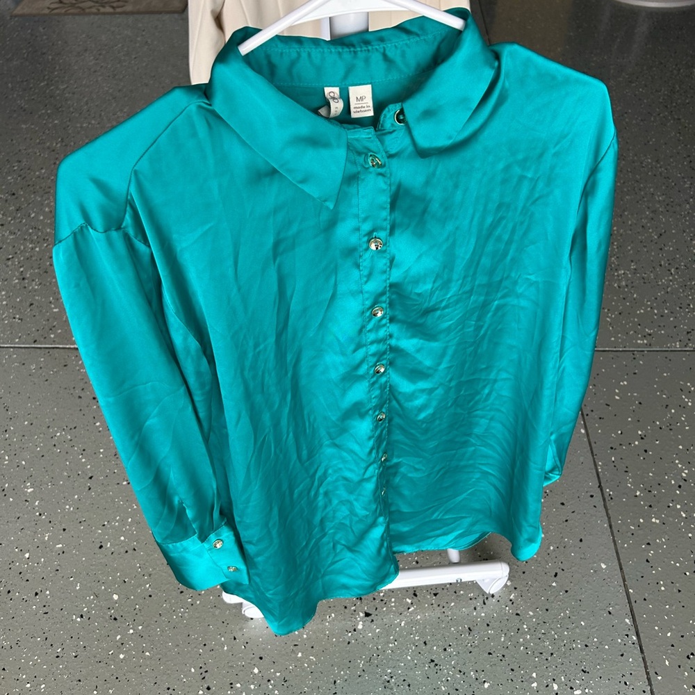 Teal Button DownLong Sleeve Blouse Size Large